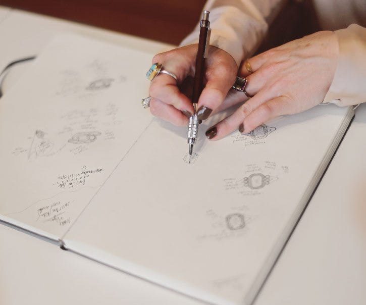 Image of Abby Sparks of Abby Sparks Jewelry sketching custom jewelry designs.