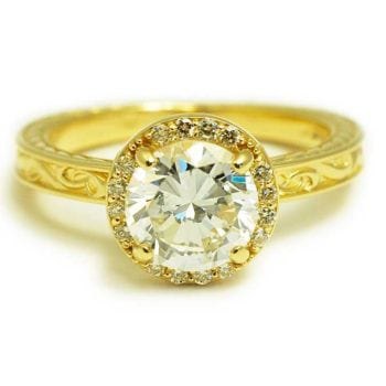 The Carolyn, 14k yellow gold and 1.41 carat brilliant cut diamond engagement ring with engraved details custom made by Abby Sparks Jewelry.