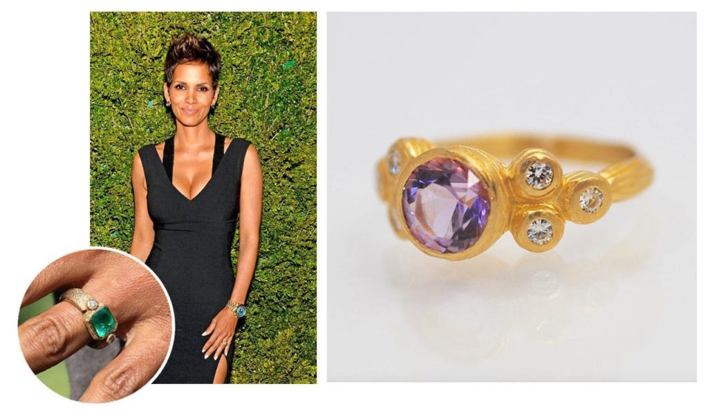 LEFT: HALLE BERRY'S ENGAGEMENT RING - HAND FORGED YELLOW GOLD, 4-CARAT EMERALD. RIGHT: ABBY SPARKS JEWELRY'S THE AMY CUSTOM ENGAGEMENT RING - 14K YELLOW GOLD, 1.5-CARAT AMETHYST CENTER STONE, 6 DIAMOND ACCENTS.