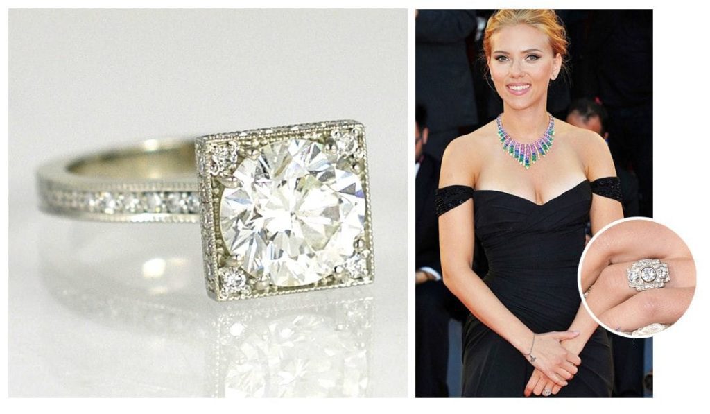 LEFT: ABBY SPARKS JEWELRY'S THE COLEEN CUSTOM ENGAGEMENT RING: 18K GOLD, 2 CARAT BRILLIANT CUT ROUND DIAMOND WITH MELEE. RIGHT: SCARLETT JOHANSSON'S ENGAGEMENT RING - 3 BRILLIANT CUT ROUND BEZEL SET DIAMONDS IN A RECTANGULAR ANTIQUE SETTING.
