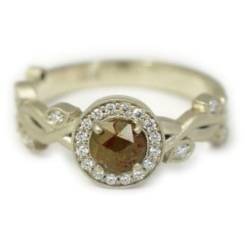 White gold rose cut earth tone rough diamond custom engagement ring