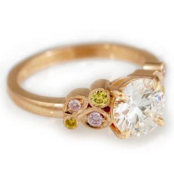 14k rose gold diamond center stone custom engagement ring with pink and yellow accent diamonds