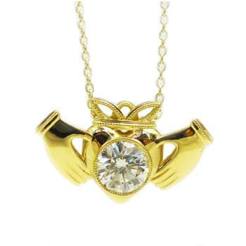 Custom Claddagh inspired necklace made with 18k yellow gold and 1.78 carat diamond custom made and designed by Abby Sparks Jewelry, The Aisling.