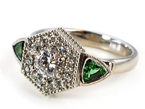 VINTAGE INSPIRED DIAMOND HALO RING WITH TSAVORITE GARNETS