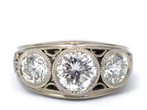 PLATINUM MILGRAIN 3 STONE DIAMOND RING