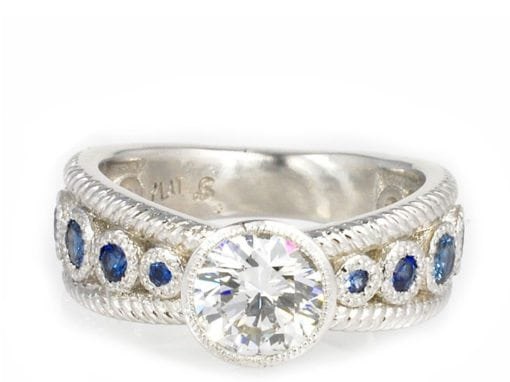 PLATINUM MILIGRAIN DIAMOND AND SAPPHIRE RING