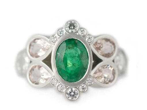 PLATINUM ROSE CUT EMERALD, DIAMOND, AND MORGANITE RING