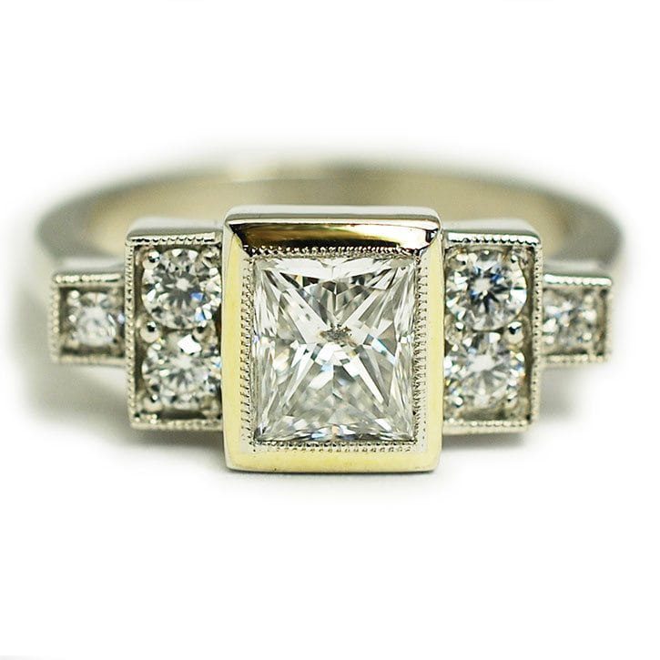 Custom engagement ring made with platinum and 14k yellow gold and 1 carat princess cut diamond custom made and designed by Abby Sparks Jewelry, the Kate.