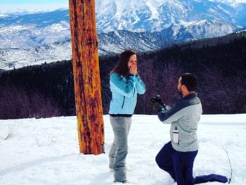 Matt and Kelly Colorado mountain proposal with platinum and 1.2 carat diamond custom engagement ring by Abby Sparks Jewelry.