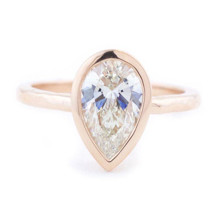 Custom organic diamond engagement ring made with 14k rose gold, 1.06 carat brilliant cut pear shaped diamond custom made and designed by Abby Sparks Jewelry, The Lauren.
