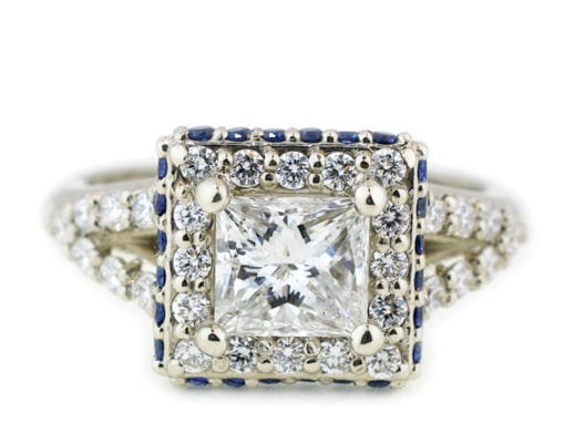 Princess Cut Diamond Halo Engagement Ring With Sapphires