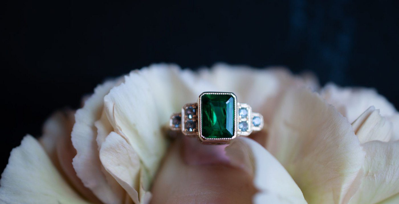 European Engagement Ring - Green Emerald Diamond 3 Stone Ring Yellow Gold -  ER537YG