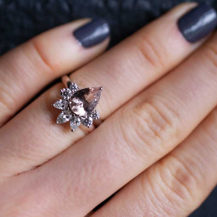 custom engagement ring white gold pear morganite diamond tiara semi halo haley hand